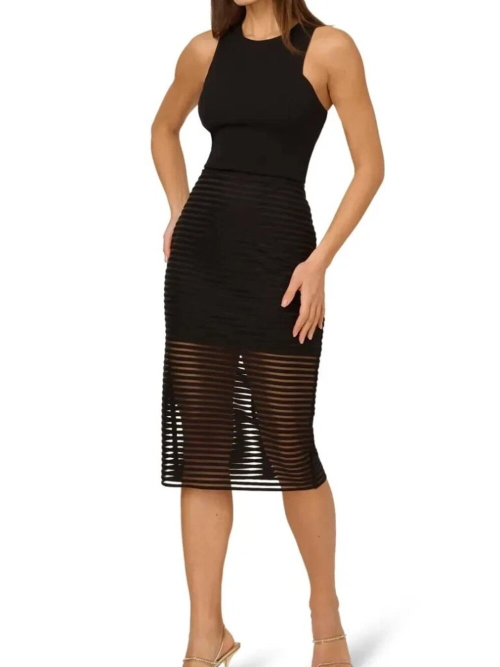 Adrianna Papell Black Shadow Stripe Midi Dress